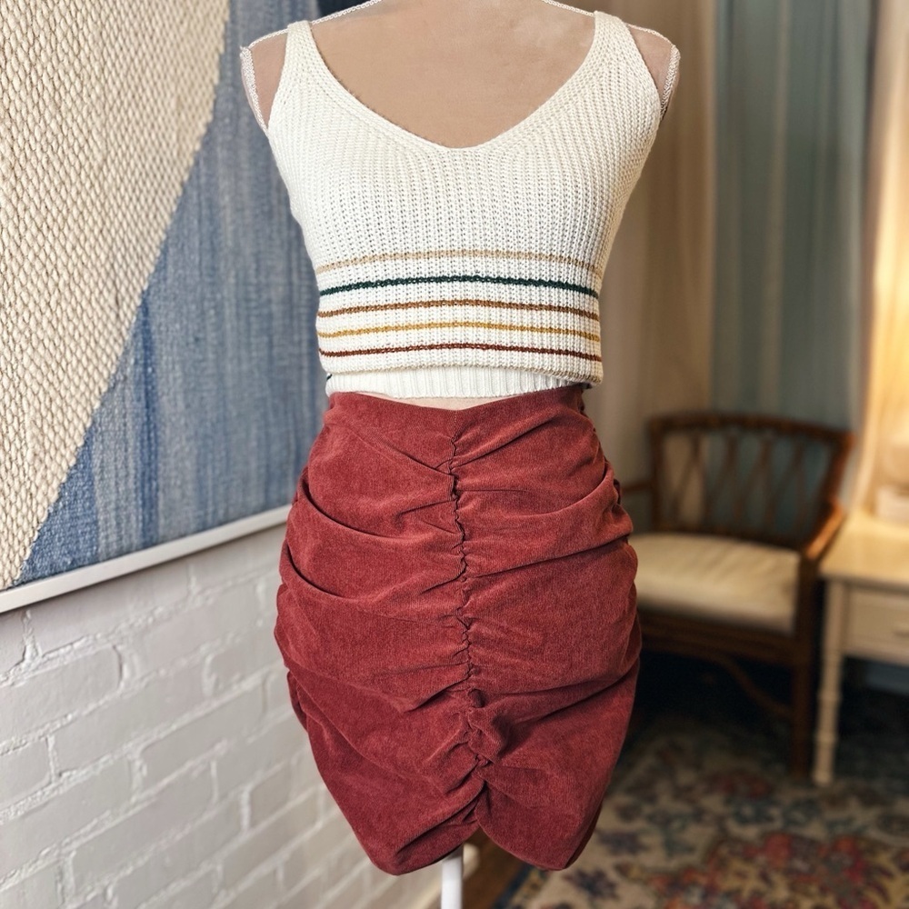 NWT Zara Micro Cord Ruched Brick Red Mini Skirt